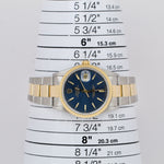 Rolex Date 34mm BLUE Two-Tone Yellow Gold Steel Engine Turned Oyster Watch 15223