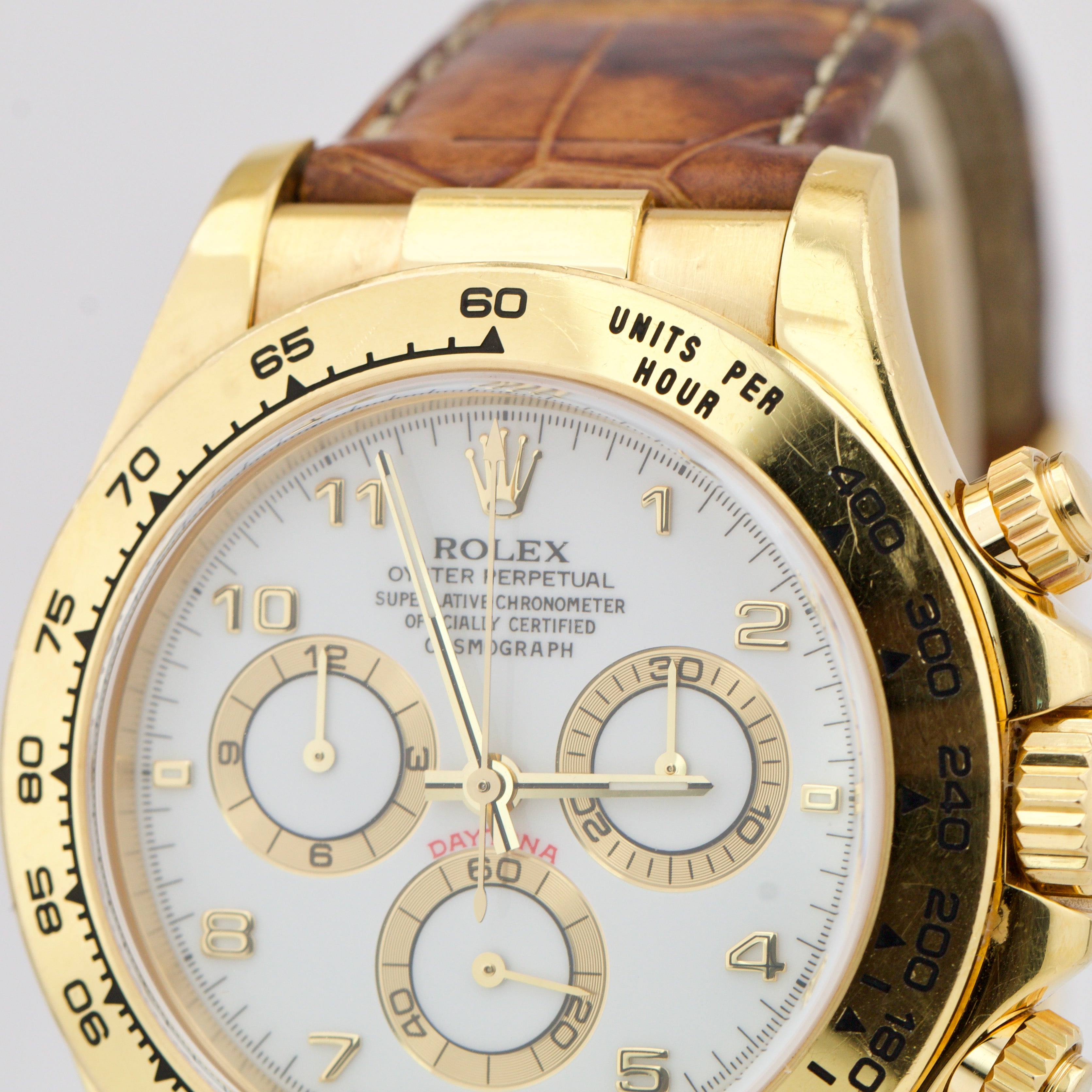 UNPOL. Rolex Daytona Cosmograph Gold WHITE Chronograph 40mm Leather 116518 B&P