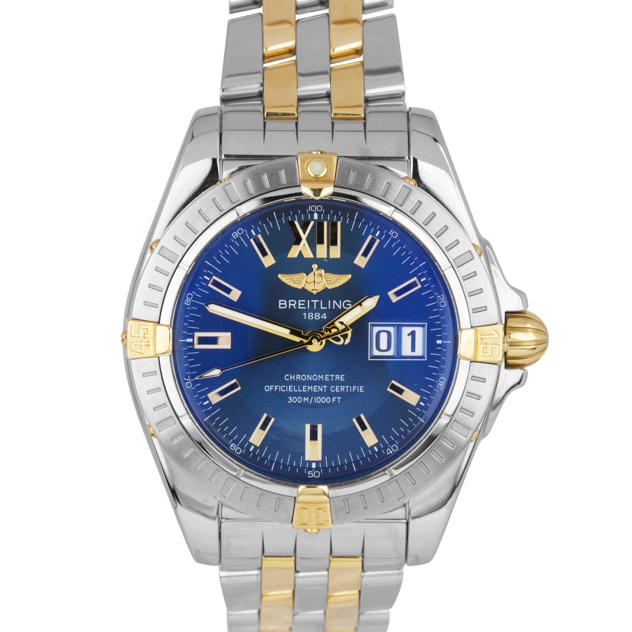 MINT Men s Breitling Galactic 41 Date Two Tone Stainless Gold Blue B49