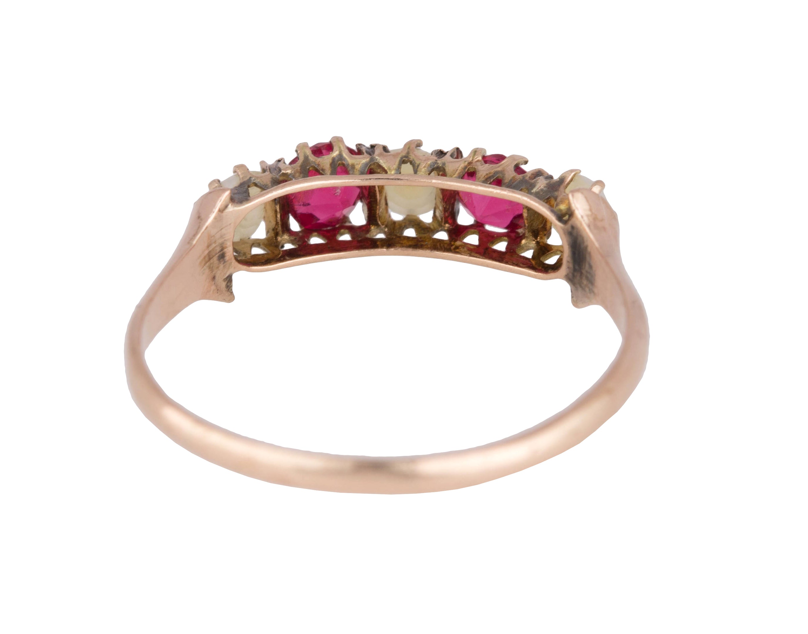 Women's Antique Victorian 14K Rose Gold Pink Rhodolite Pearl Gemstone Band Ring
