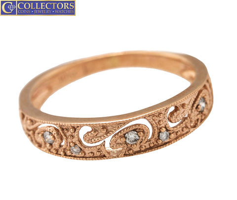 Lovely Ladies Vintage Art Deco 10K Rose Gold 0.04ctw Diamond Milgrain Band Ring