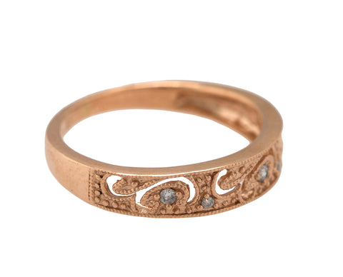 Lovely Ladies Vintage Art Deco 10K Rose Gold 0.04ctw Diamond Milgrain Band Ring