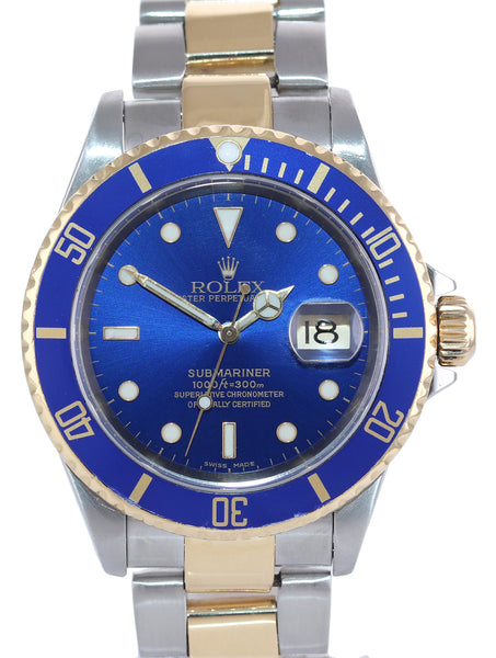 2001 Rolex Submariner 16613 Two Tone Gold BUCKLE Blue Dial 40mm Watch