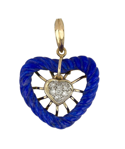 Ladies Modern 14K 585 Yellow Gold Lapis Lazuli 0.14ctw Diamond Heart Pendant