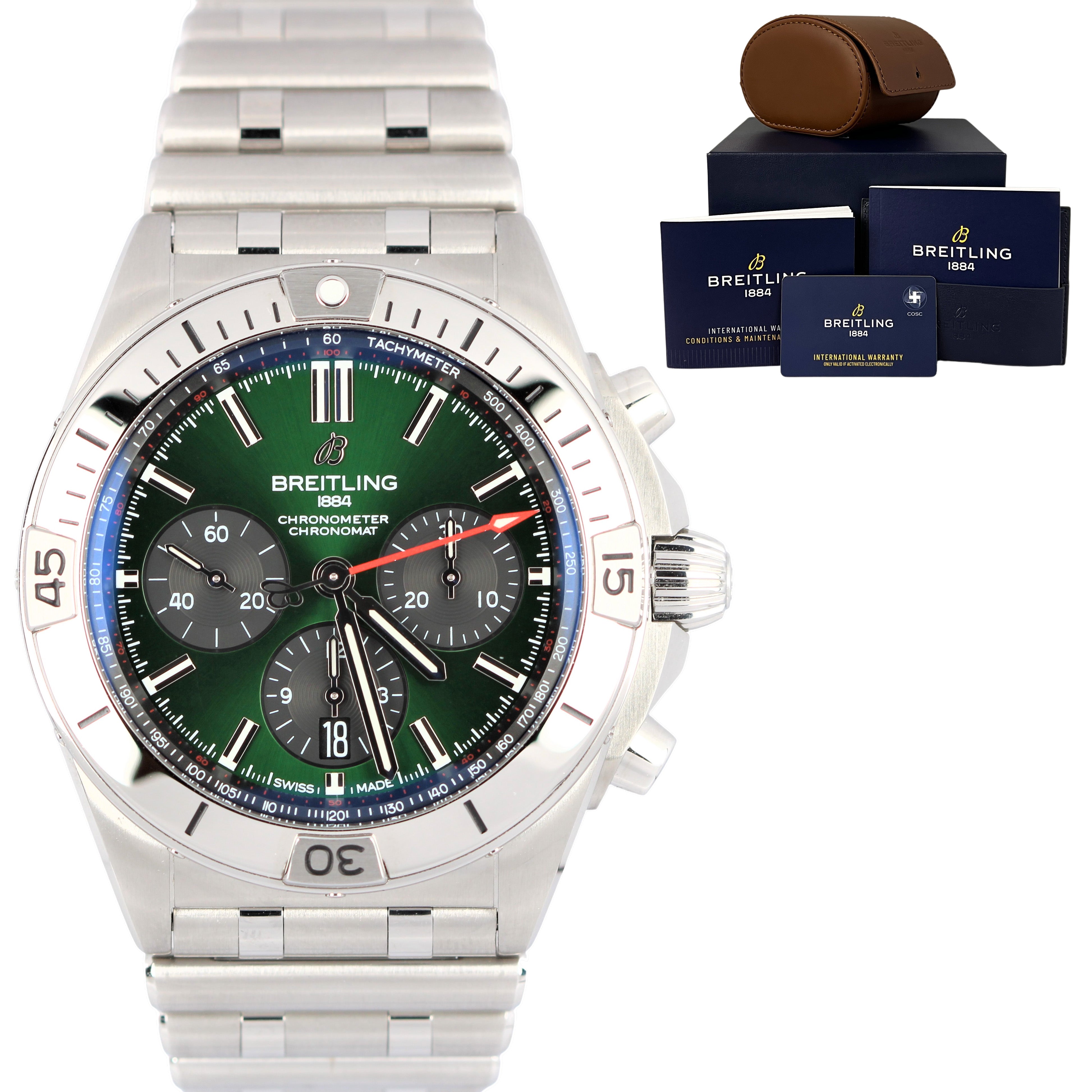 Breitling Chronomat Stainless Steel Green Dial Rouleaux AB0134 B01 42 Watch B&P