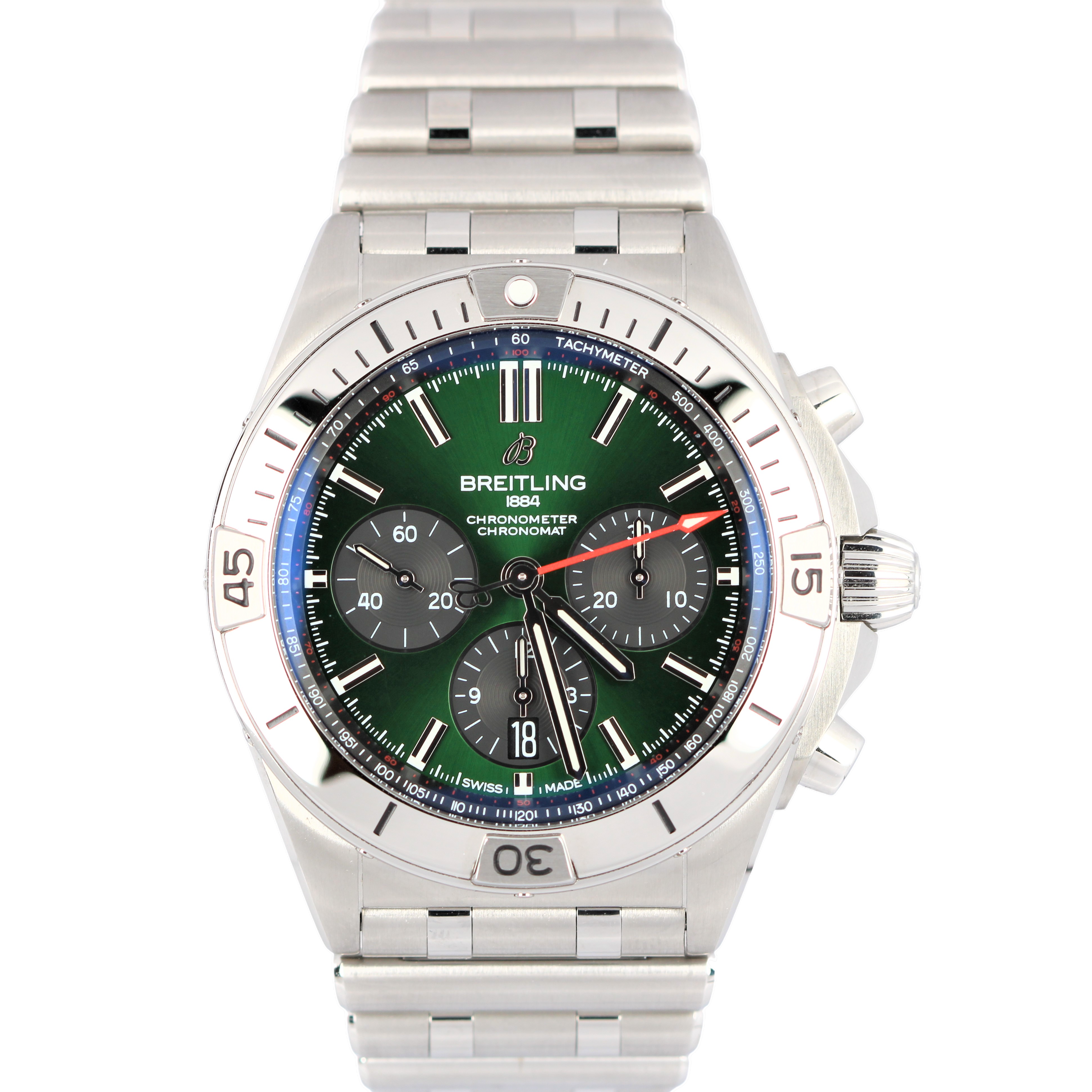 Breitling Chronomat Stainless Steel Green Dial Rouleaux AB0134 B01 42 Watch B&P