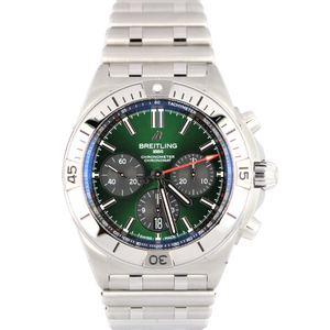 Breitling Chronomat Stainless Steel Green Dial Rouleaux AB0134 B01 42 Watch B&P