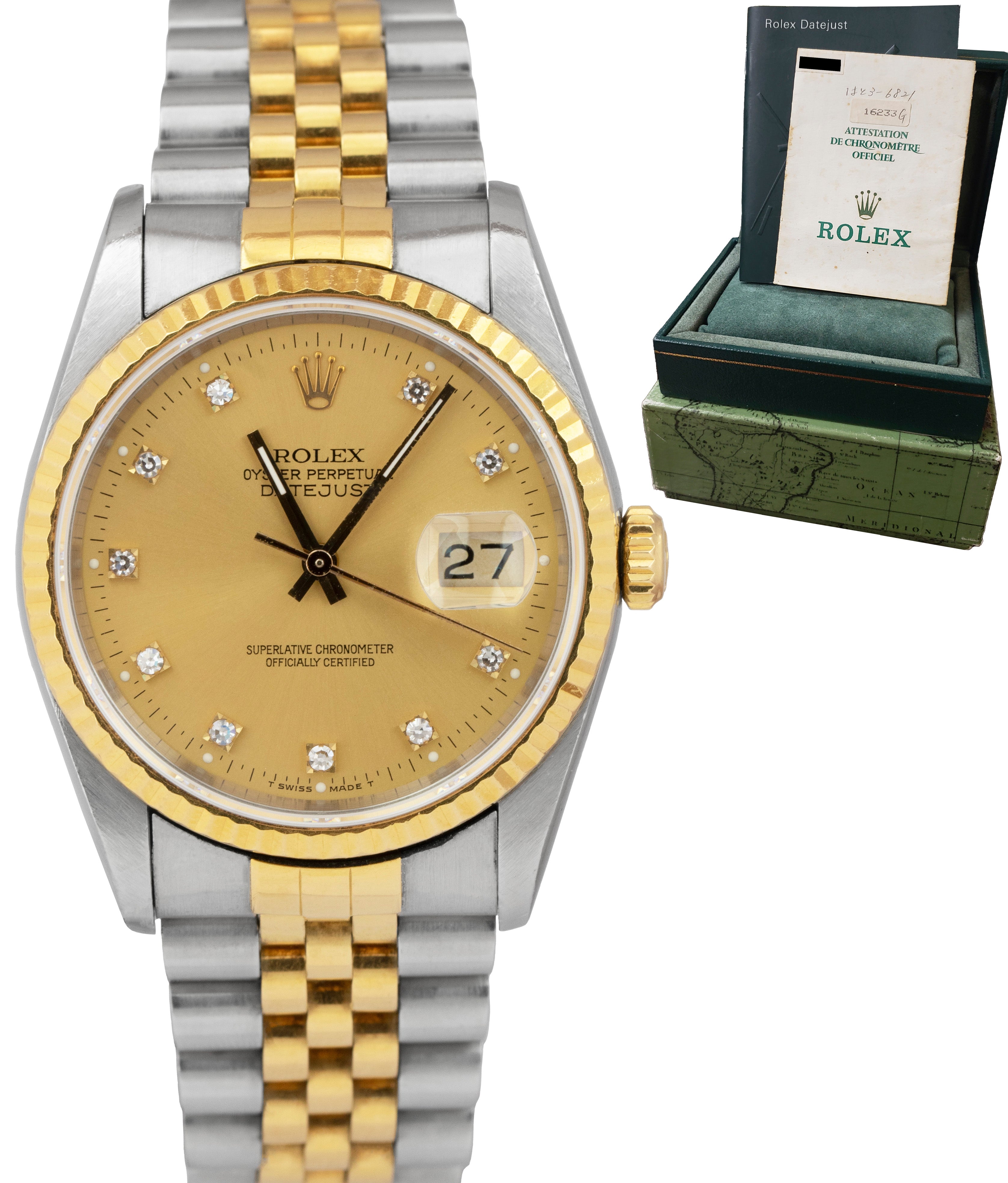 Rolex Datejust Ref 16233G Champagne Diamond Dial 18K Yellow 