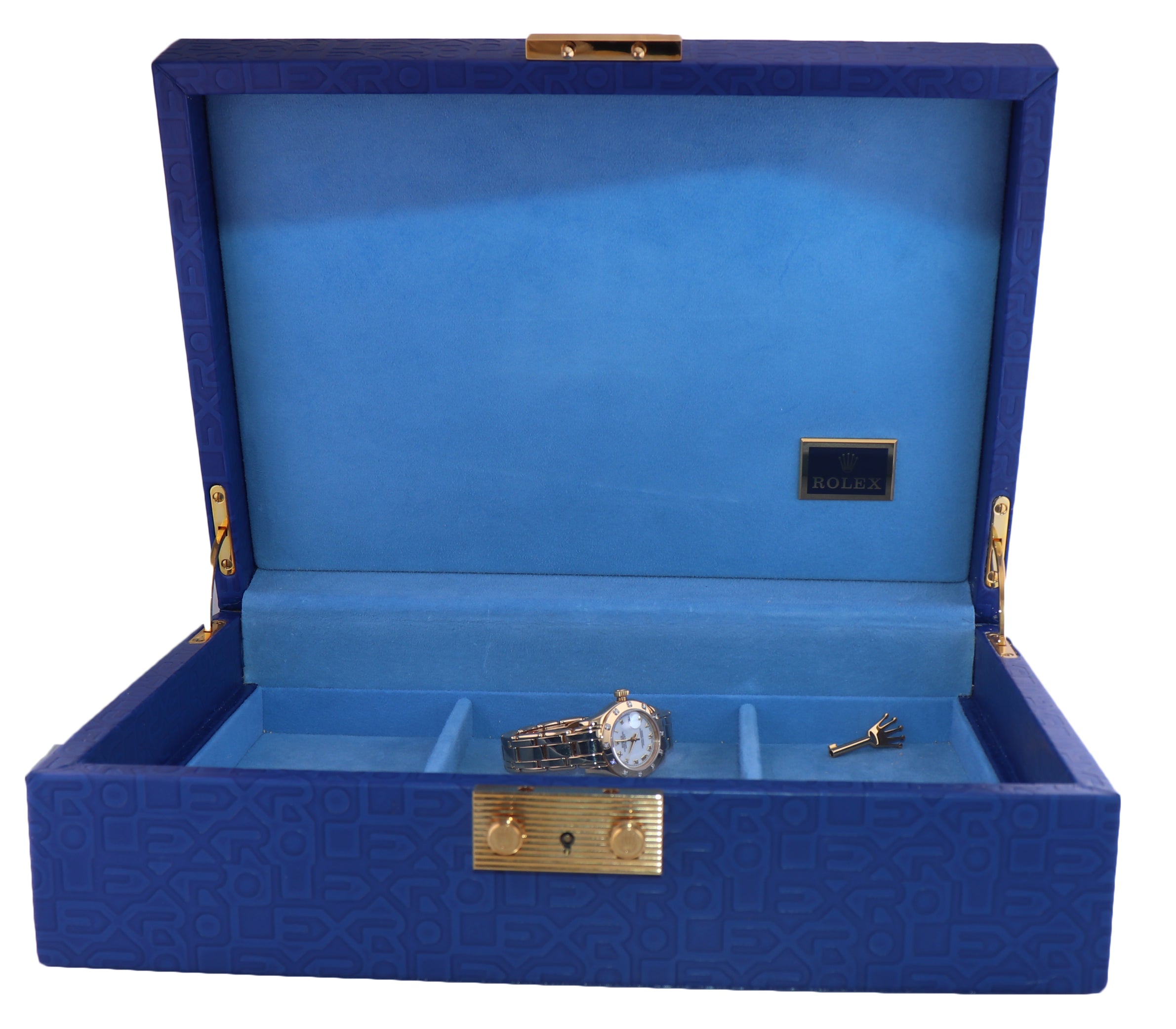 Ladies Rolex DateJust Pearlmaster 80318 29mm 18k Gold White Roman Diamond Watch