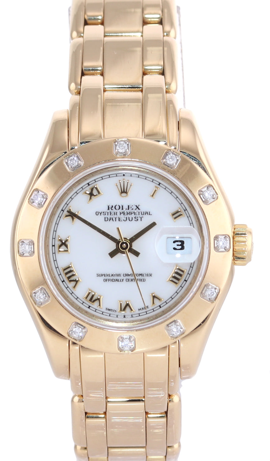Ladies Rolex DateJust Pearlmaster 80318 29mm 18k Gold White Roman Diamond Watch