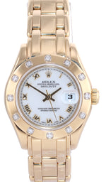 Ladies Rolex DateJust Pearlmaster 80318 29mm 18k Gold White Roman Diamond Watch