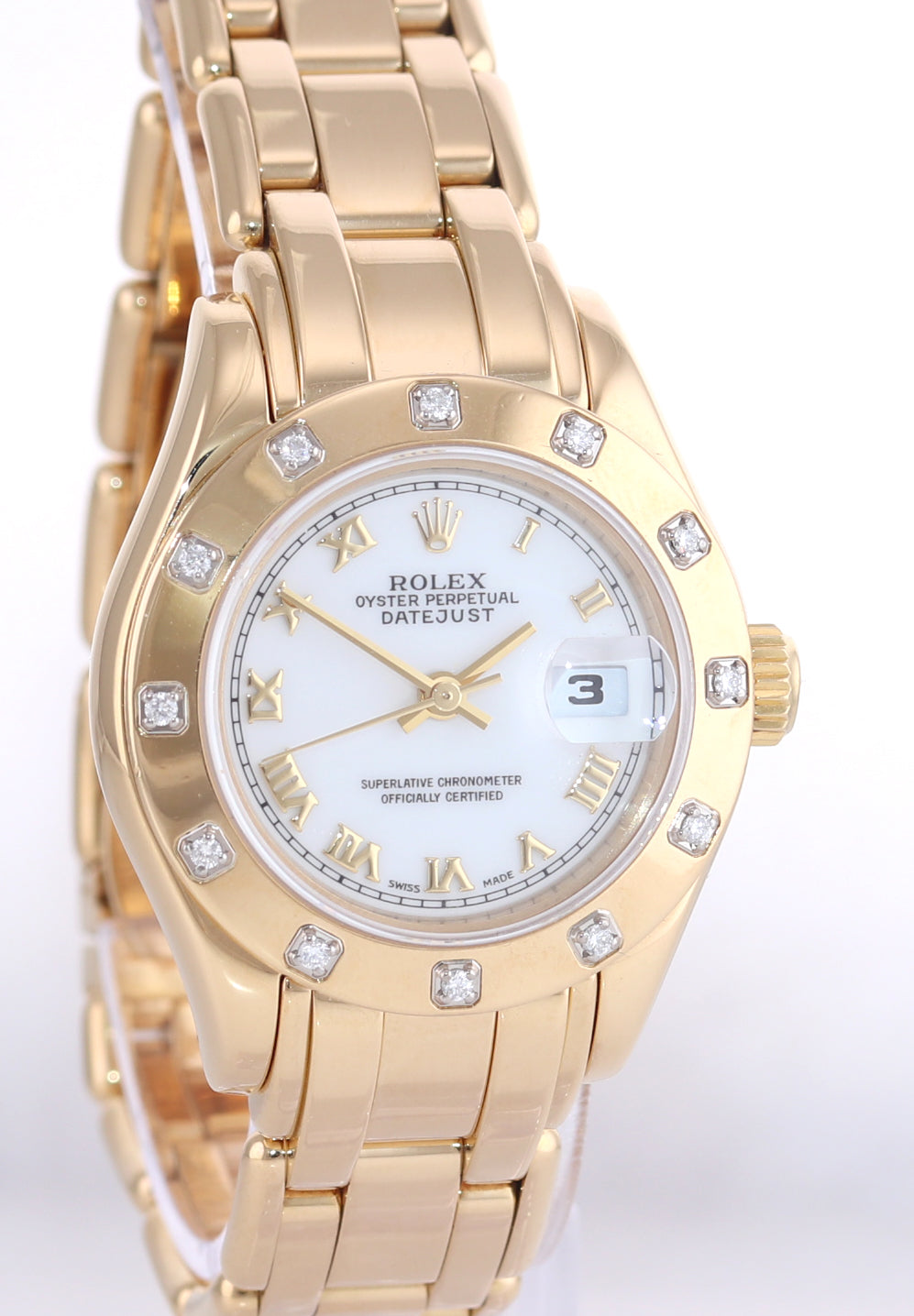 Ladies Rolex DateJust Pearlmaster 80318 29mm 18k Gold White Roman Diamond Watch