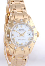 Ladies Rolex DateJust Pearlmaster 80318 29mm 18k Gold White Roman Diamond Watch