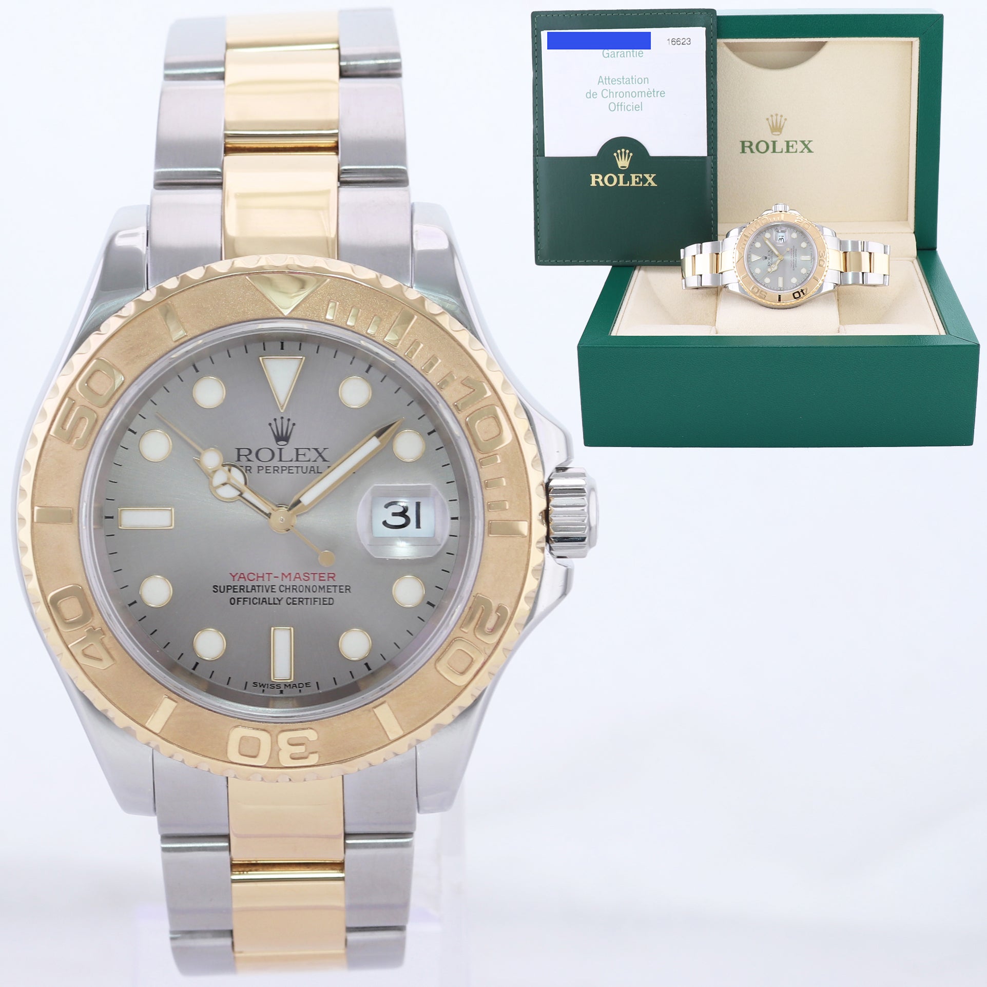 Rolex Yacht-Master 16623 2Tone Oyster 18K Yellow Gold & SS Blue Dial Watch Box/Papers