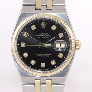 Rolex OysterQuartz DateJust 17013 Two-Tone Gold Steel Black Diamond Watch Box