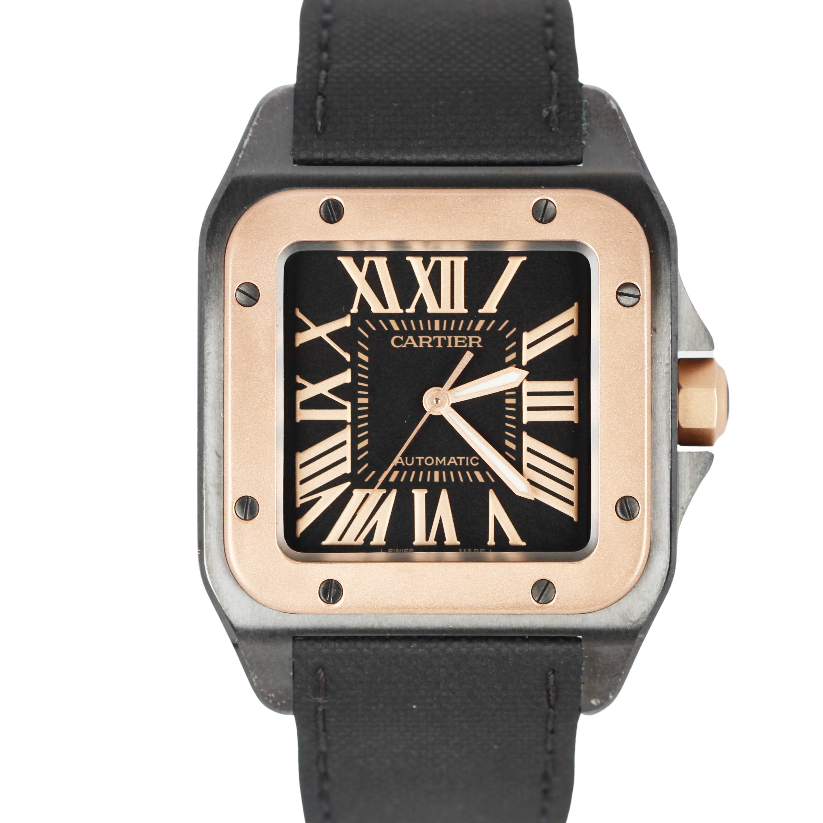 Cartier Santos 100 18k Rose Gold Black 51x42mm Black Leather W2020009