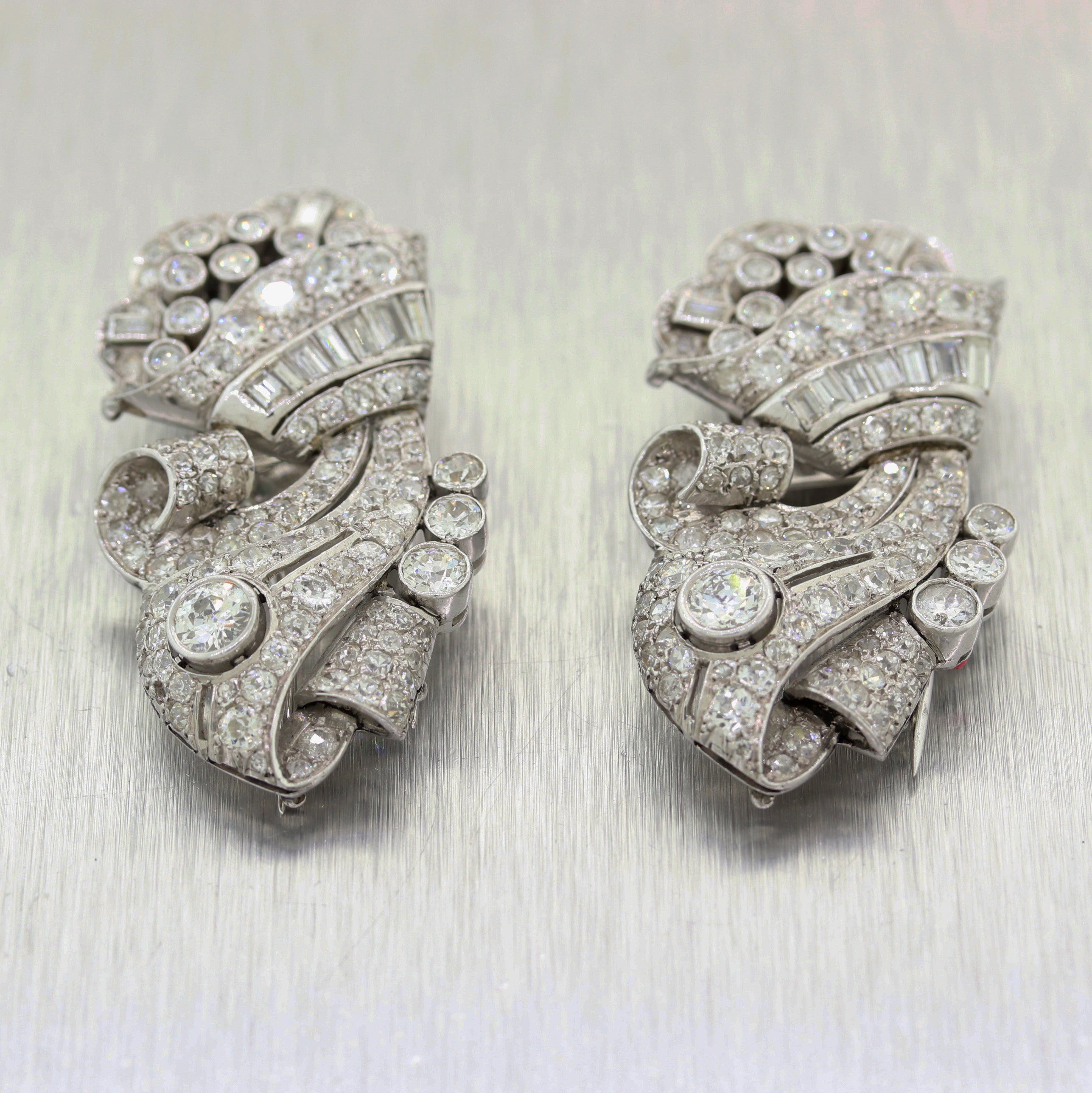 1930's Antique Art Deco Platinum 11ctw Diamond Matching Clips