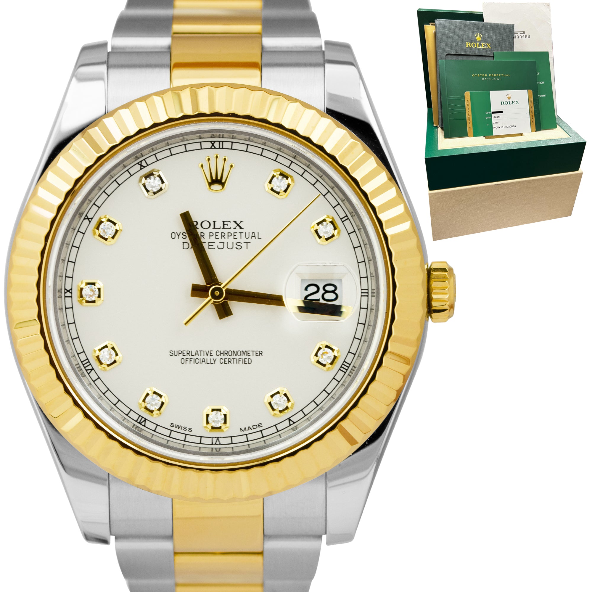 MINT Rolex Datejust II 2 Silver Ivory DIAMOND Two Tone Gold 41mm Watch