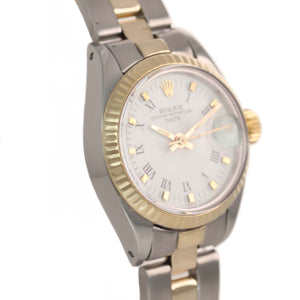 Ladies Rolex 26mm 6917 Two Tone Gold Steel White Roman Dial Date Oyster Watch