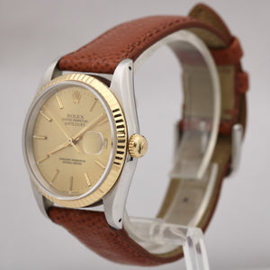 Rolex DateJust TWO-TONE Yellow Gold Fluted CHAMPAGNE Brown Leather 36mm 16233