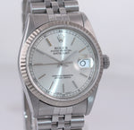 PAPERS Rolex DateJust 36mm 16234 Steel Silver Stick Jubilee 18k Fluted Watch