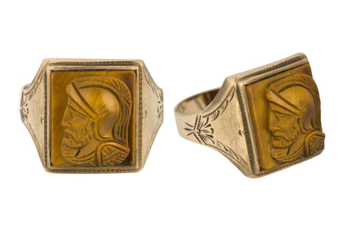 Antique Art Deco 10K Yellow Gold Tigers Eye Intaglio Roman Soldier Carved Ring