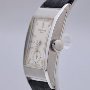 VINTAGE Patek Philippe Tegolino 425 PLATINUM Rectangle Silver Leather Watch