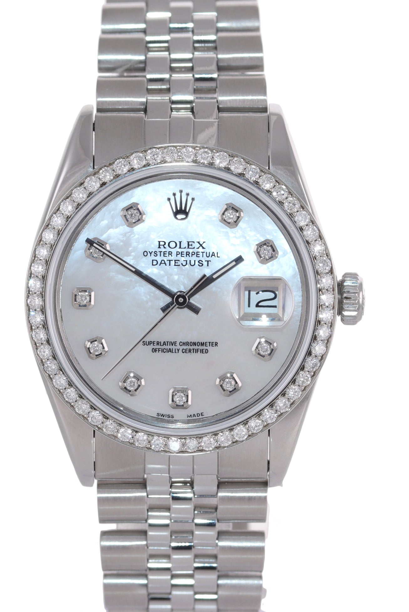 DIAMOND Bezel Rolex DateJust 36mm MOP Dial 16000 Steel White Gold Jubilee Watch