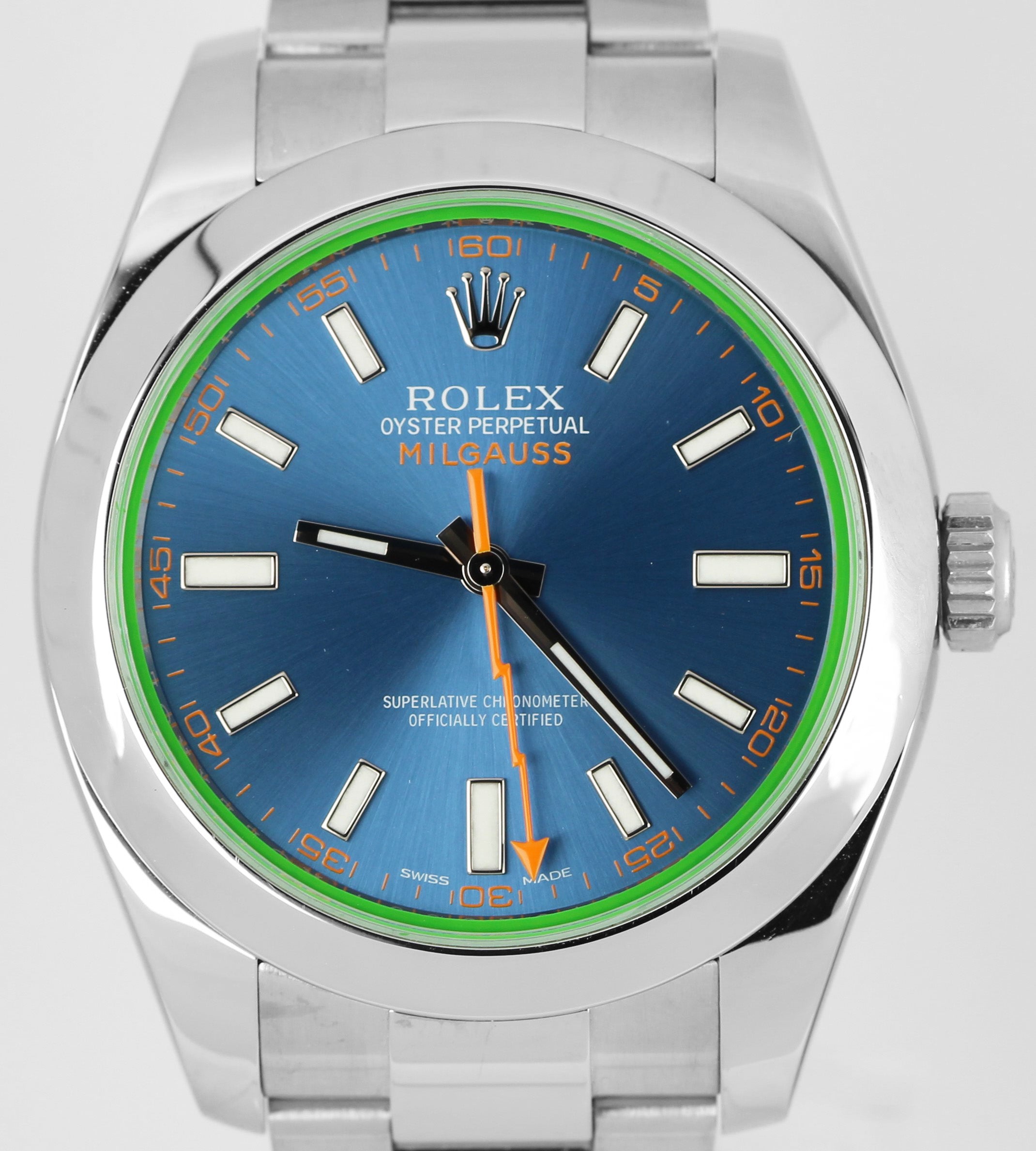 Rolex Milgauss Stainless Steel Z-Blue Green Anniversary 40mm 116400 GV Watch