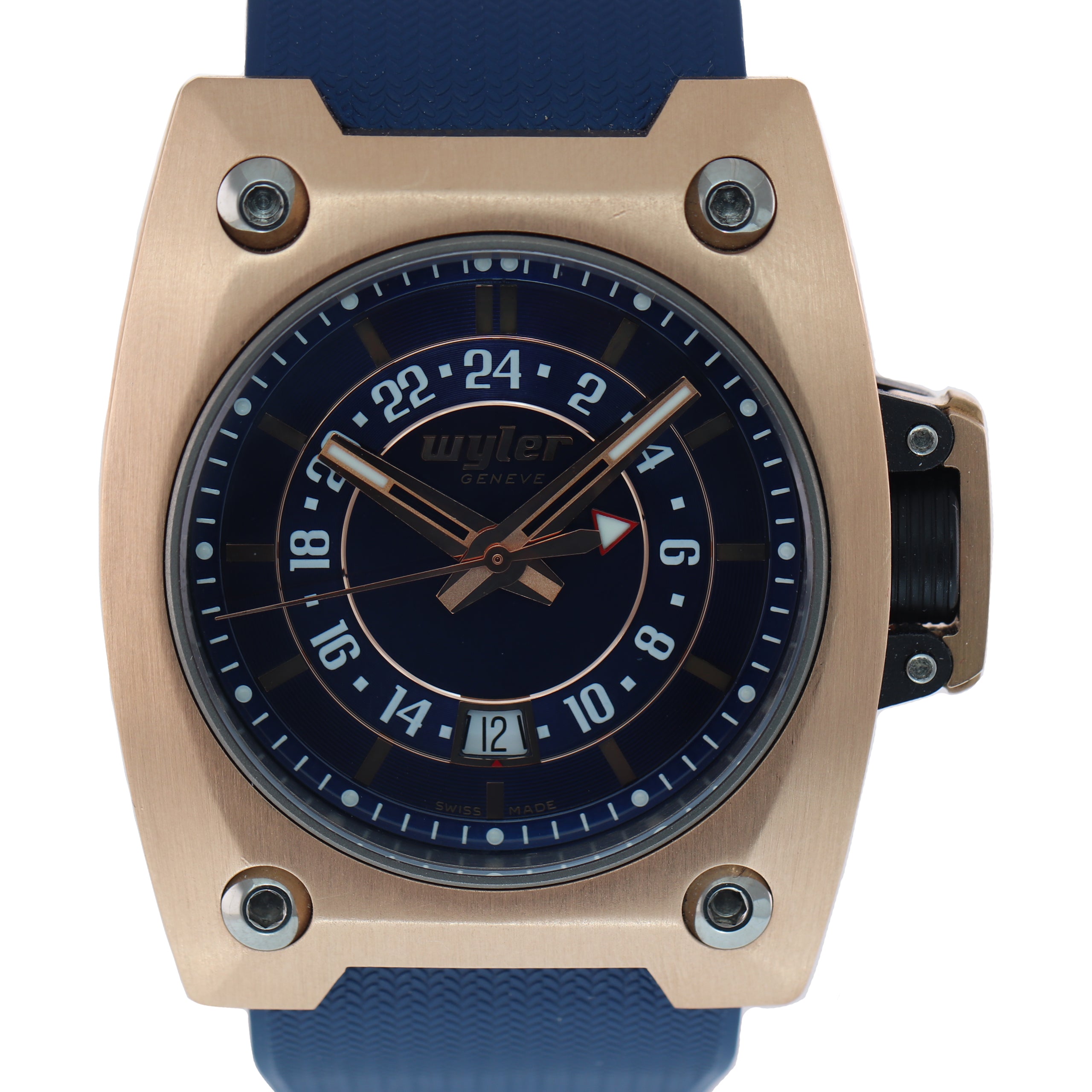 Wyler Geneve Code R GMT Date 200.2 Solid 18k Rose Gold Blue 44mm Automatic Watch