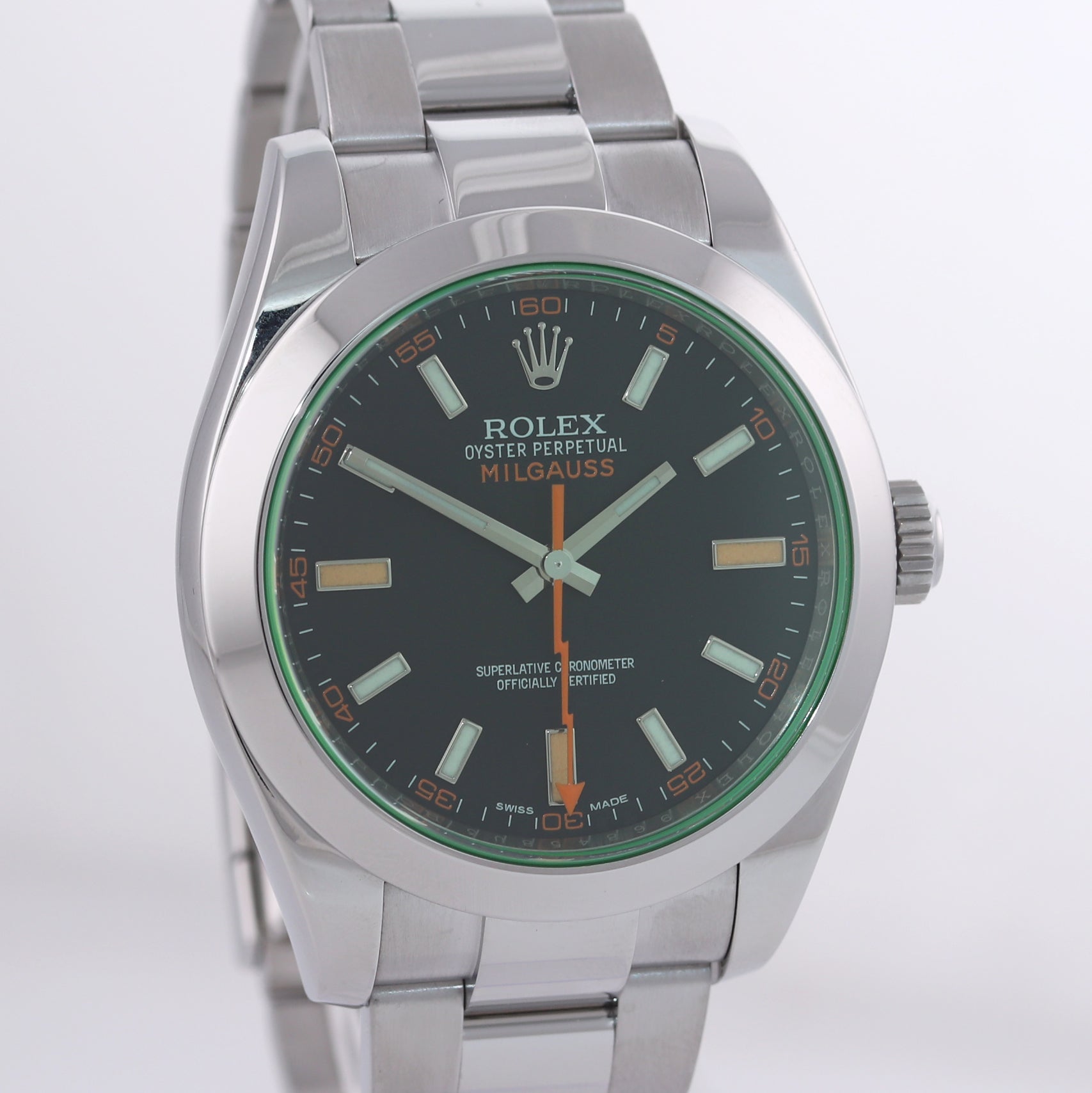 MINT Rolex Milgauss Green Anniversary Orange Black 116400 GV Steel Watch Box