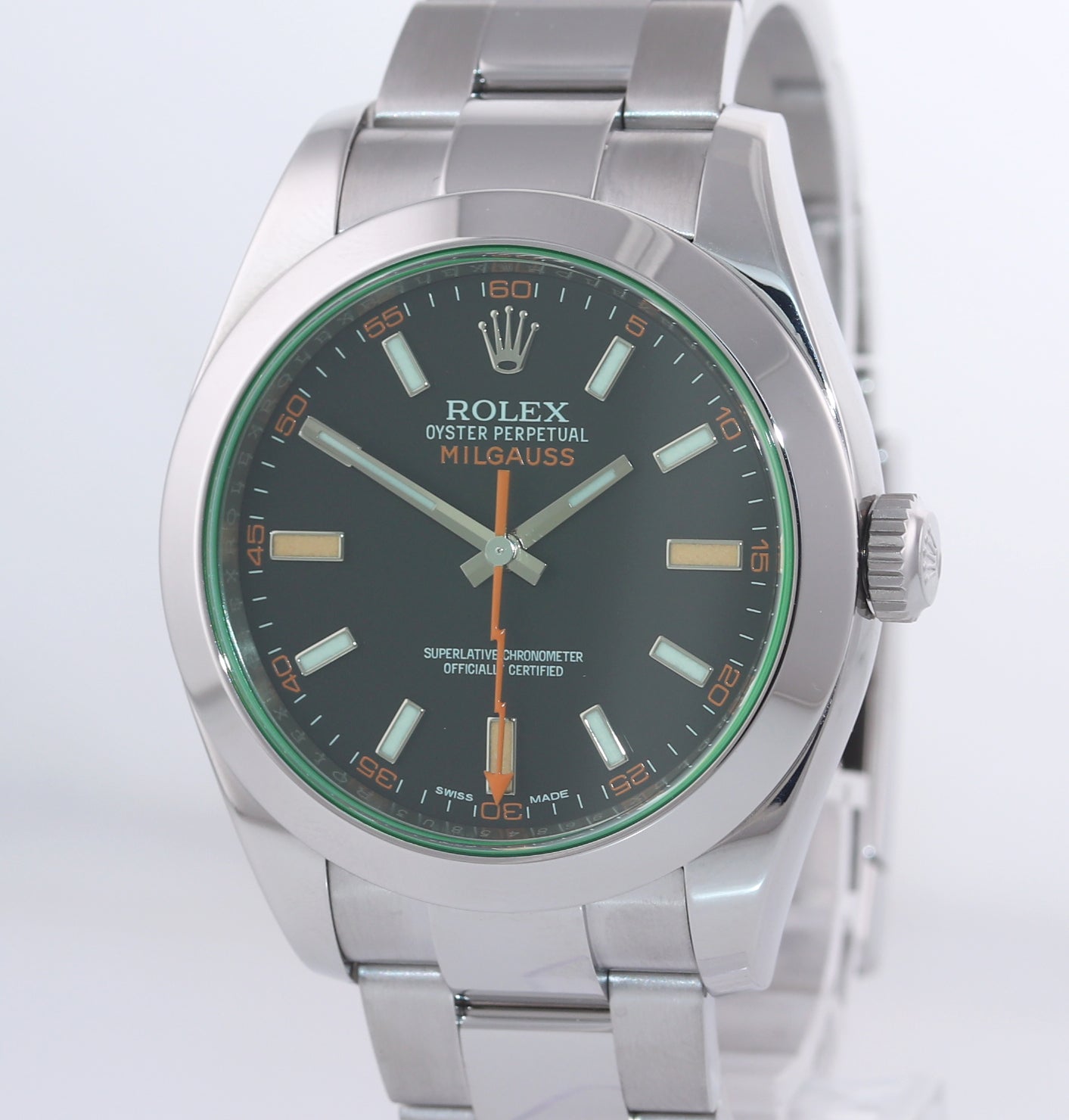 MINT Rolex Milgauss Green Anniversary Orange Black 116400 GV Steel Watch Box