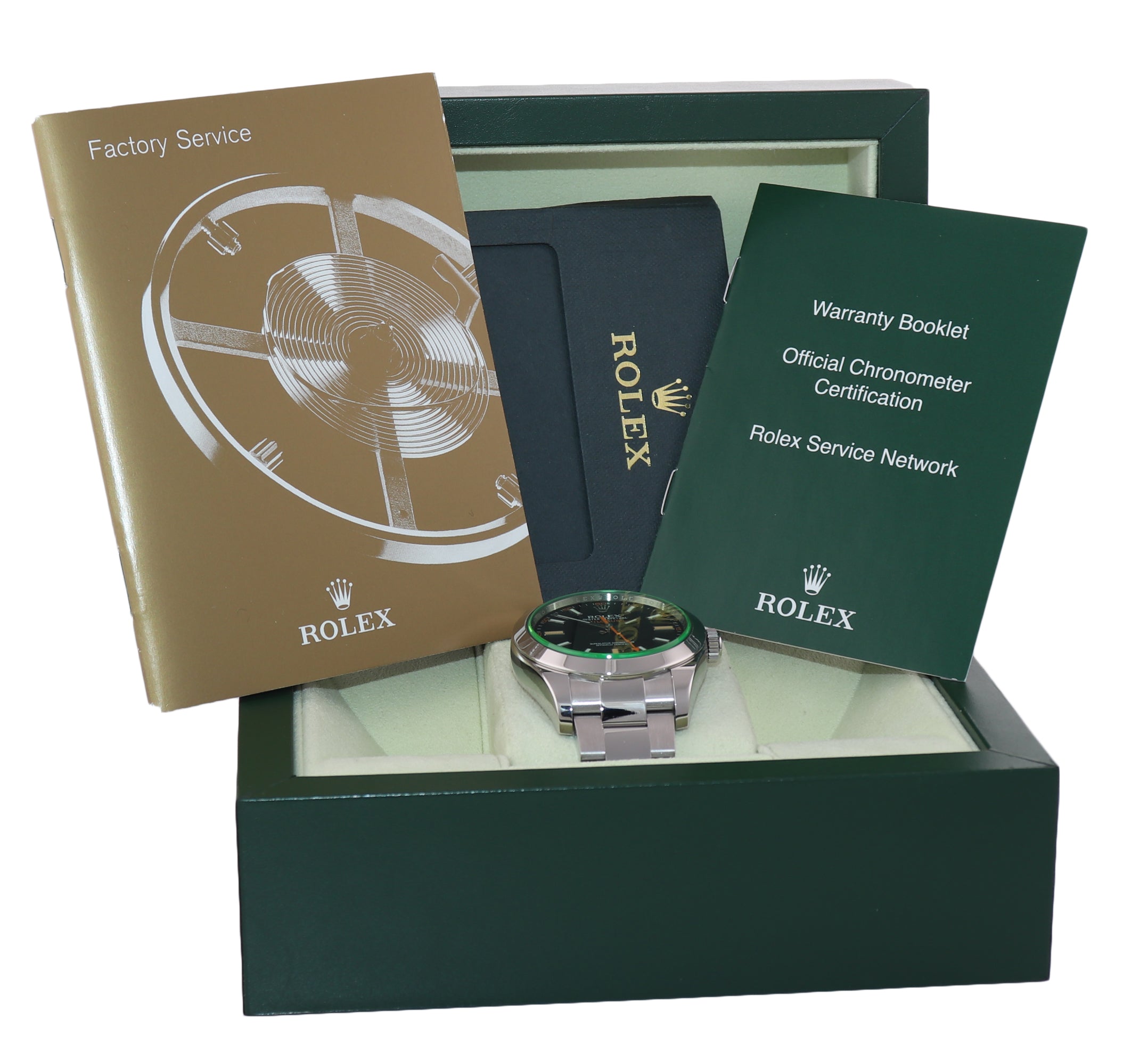 MINT Rolex Milgauss Green Anniversary Orange Black 116400 GV Steel Watch Box