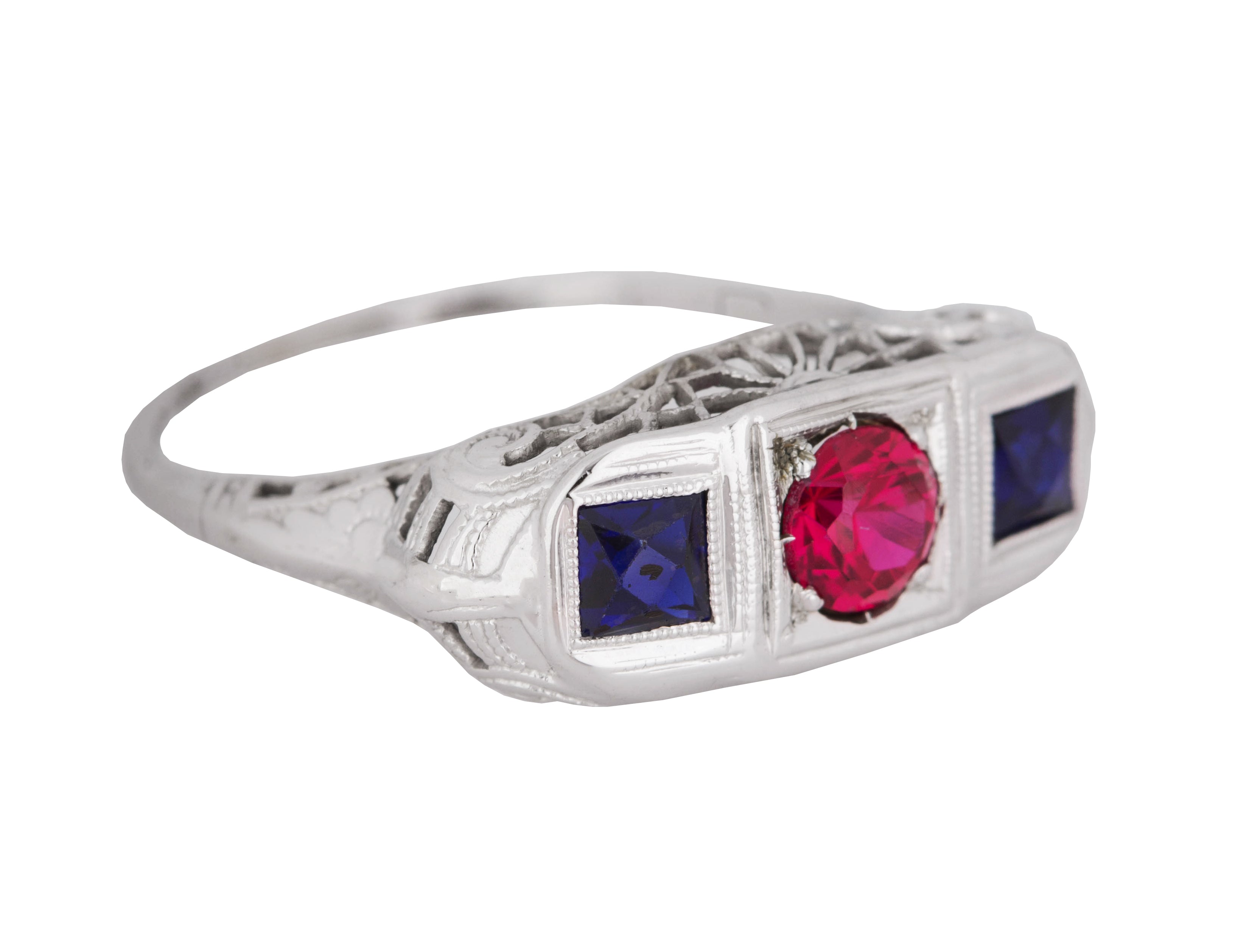 1930s Antique Art Deco 14k White Gold Lab-Created Ruby & Sapphire Filigree Ring