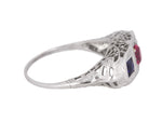 1930s Antique Art Deco 14k White Gold Lab-Created Ruby & Sapphire Filigree Ring