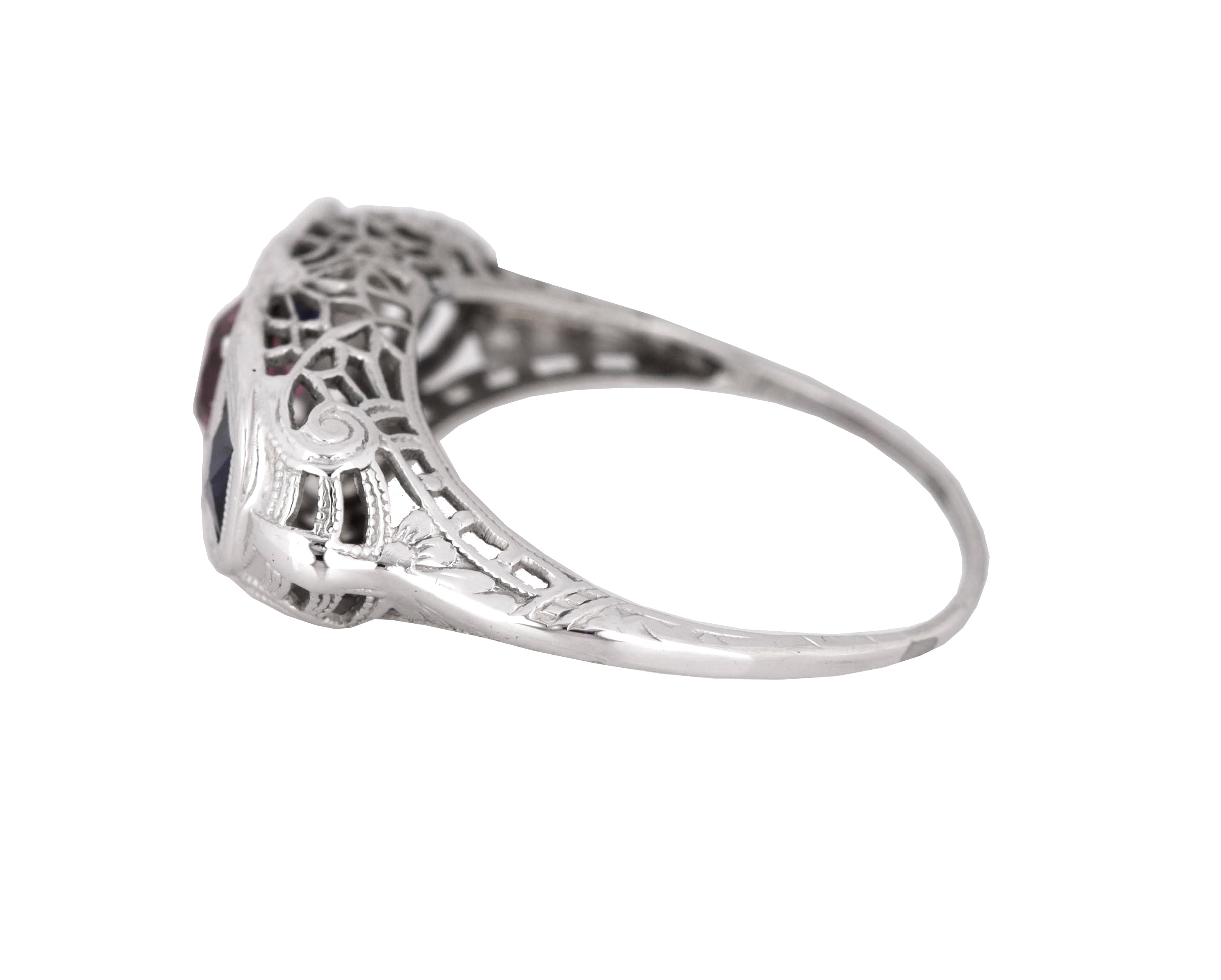 1930s Antique Art Deco 14k White Gold Lab-Created Ruby & Sapphire Filigree Ring