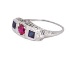 1930s Antique Art Deco 14k White Gold Lab-Created Ruby & Sapphire Filigree Ring