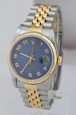 RARE Rolex DateJust 36mm BLUE ARABIC JUBILEE 18K Yellow Gold Steel Watch 16233