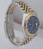 RARE Rolex DateJust 36mm BLUE ARABIC JUBILEE 18K Yellow Gold Steel Watch 16233