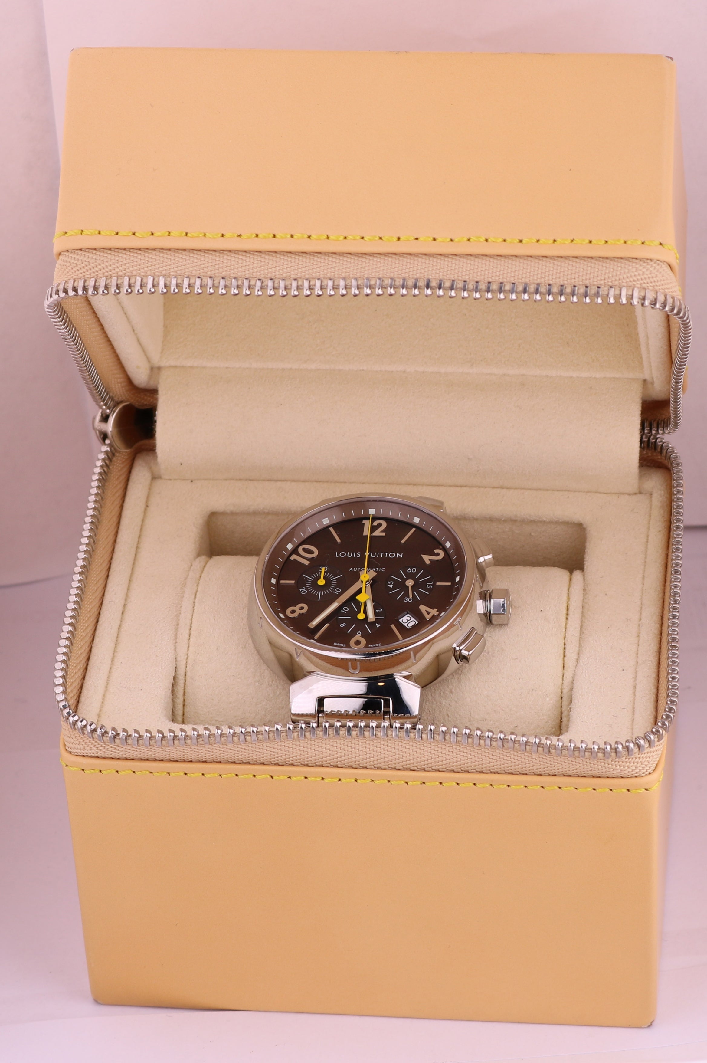 Pre-owned Louis Vuitton Tambour Quartz Brown Dial Men's Watch Q1111, Quartz Movement, Rubber Strap, 39 mm Case in Brown / White