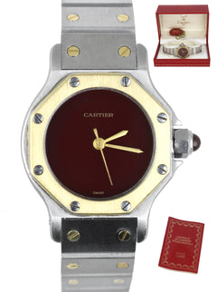 Ladies Cartier Santos Octagon Red Dial Two Tone 18K Gold Stainless Aut