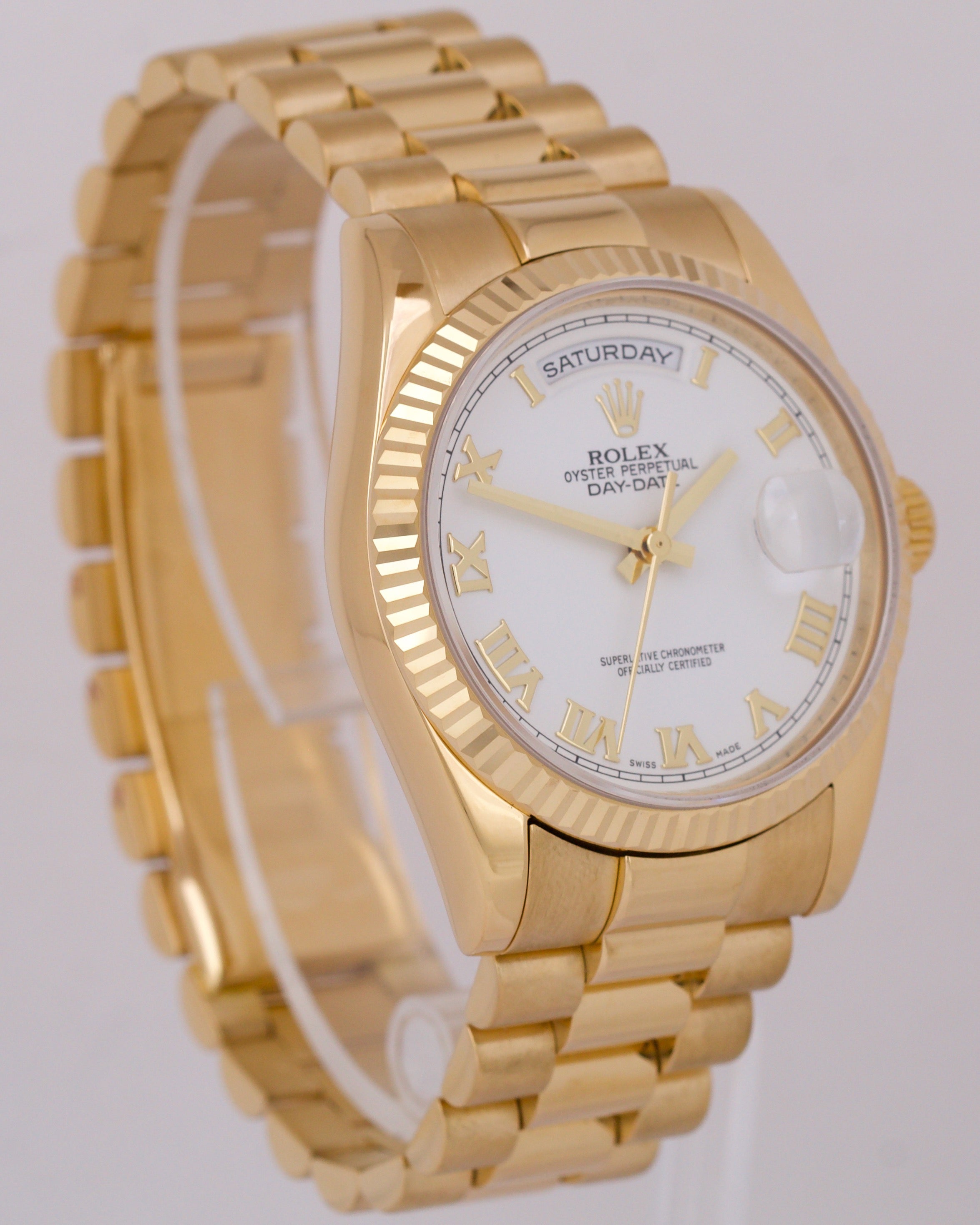 Rolex Day-Date President FAT BUCKLE White Roman 18K Gold REHAUT 36mm 1