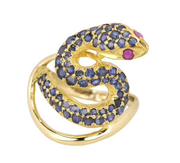 Vintage Estate 14K Yellow Gold Blue Sapphire Ruby Eyed Serpent Python