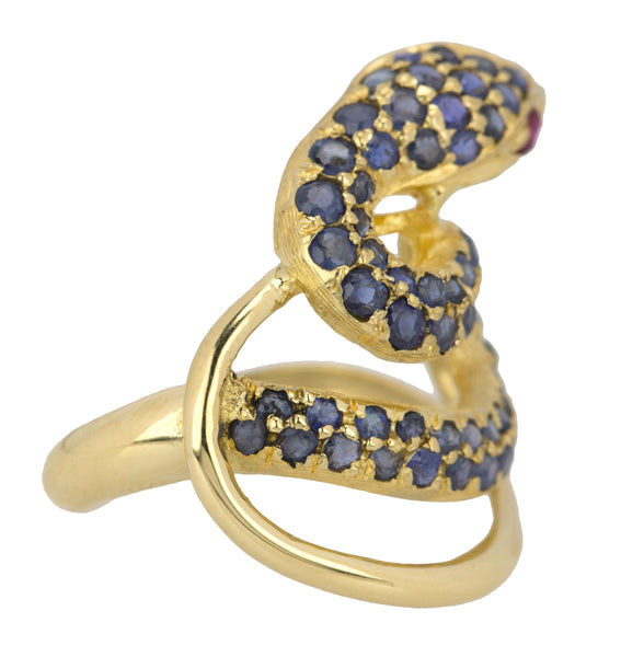 Vintage Estate 14K Yellow Gold Blue Sapphire Ruby Eyed Serpent Python