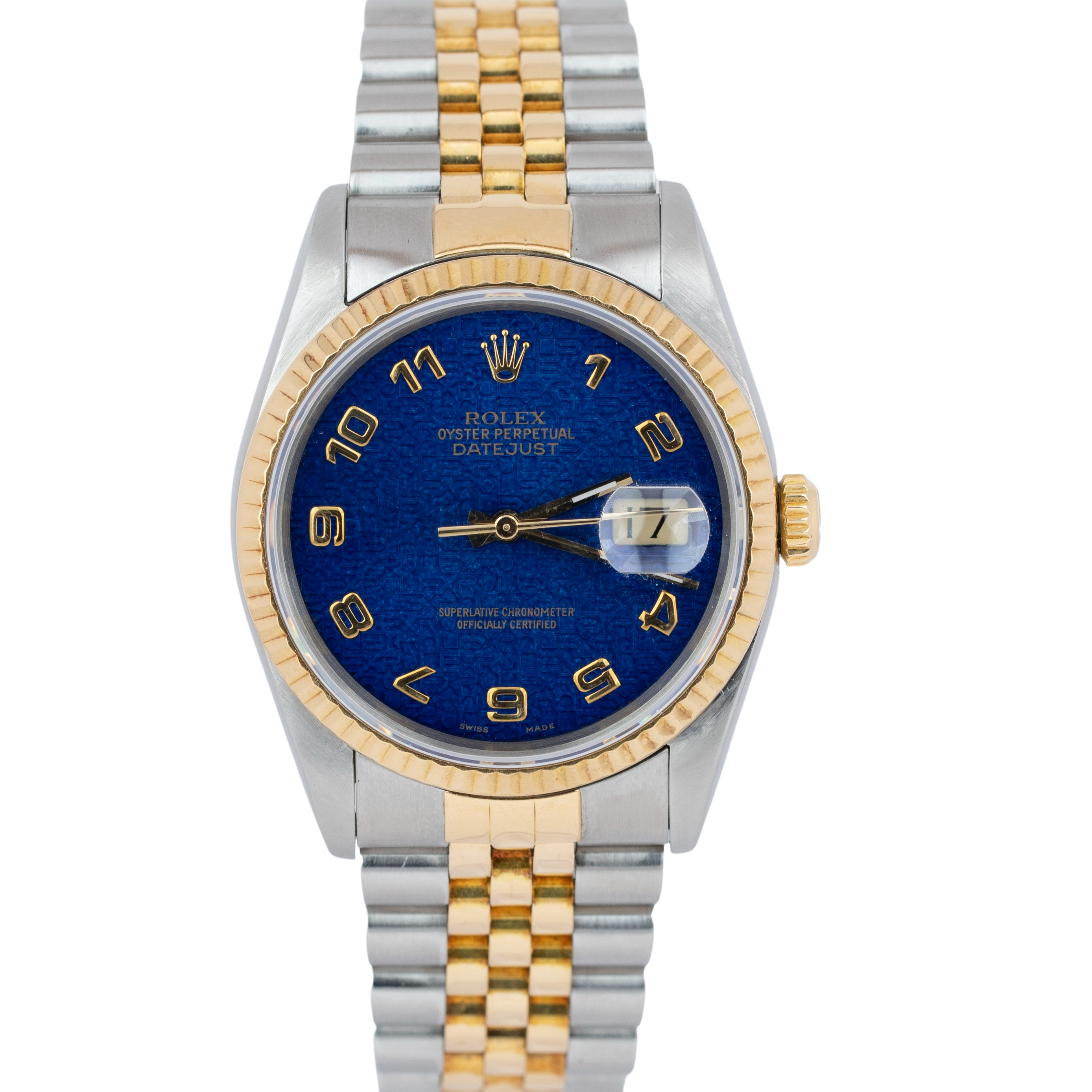 RARE Rolex DateJust 36mm BLUE ARABIC JUBILEE 18K Yellow Gold Steel Wat