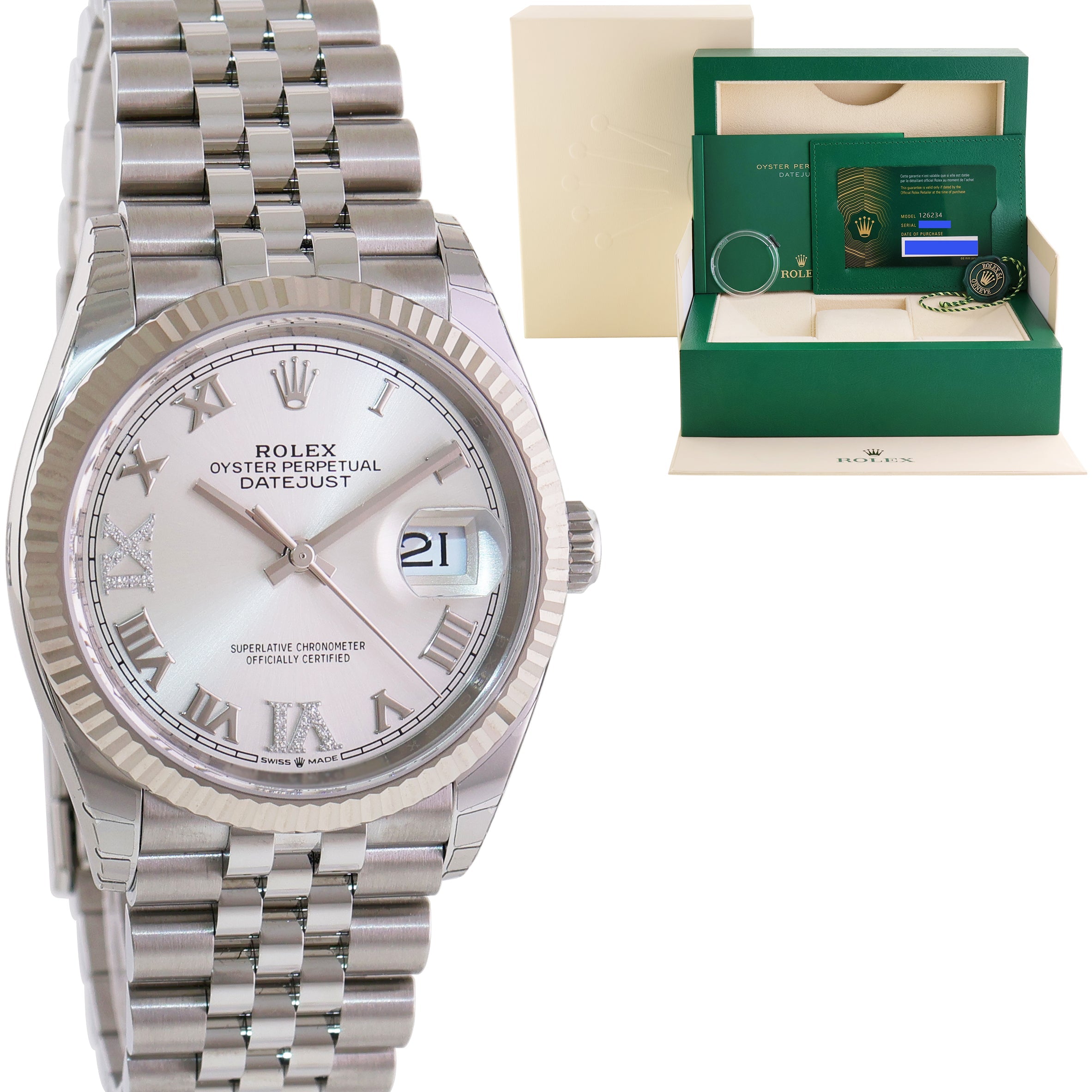 2019 PAPERS Rolex DateJust Silver Stick 126234 Steel Oyster White Gold Watch Box