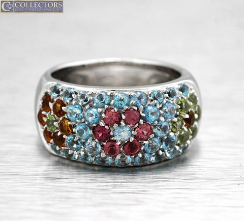 Beautiful Ladies 18K 750 White Gold Multi-Colored Gemstone Floral Band Ring