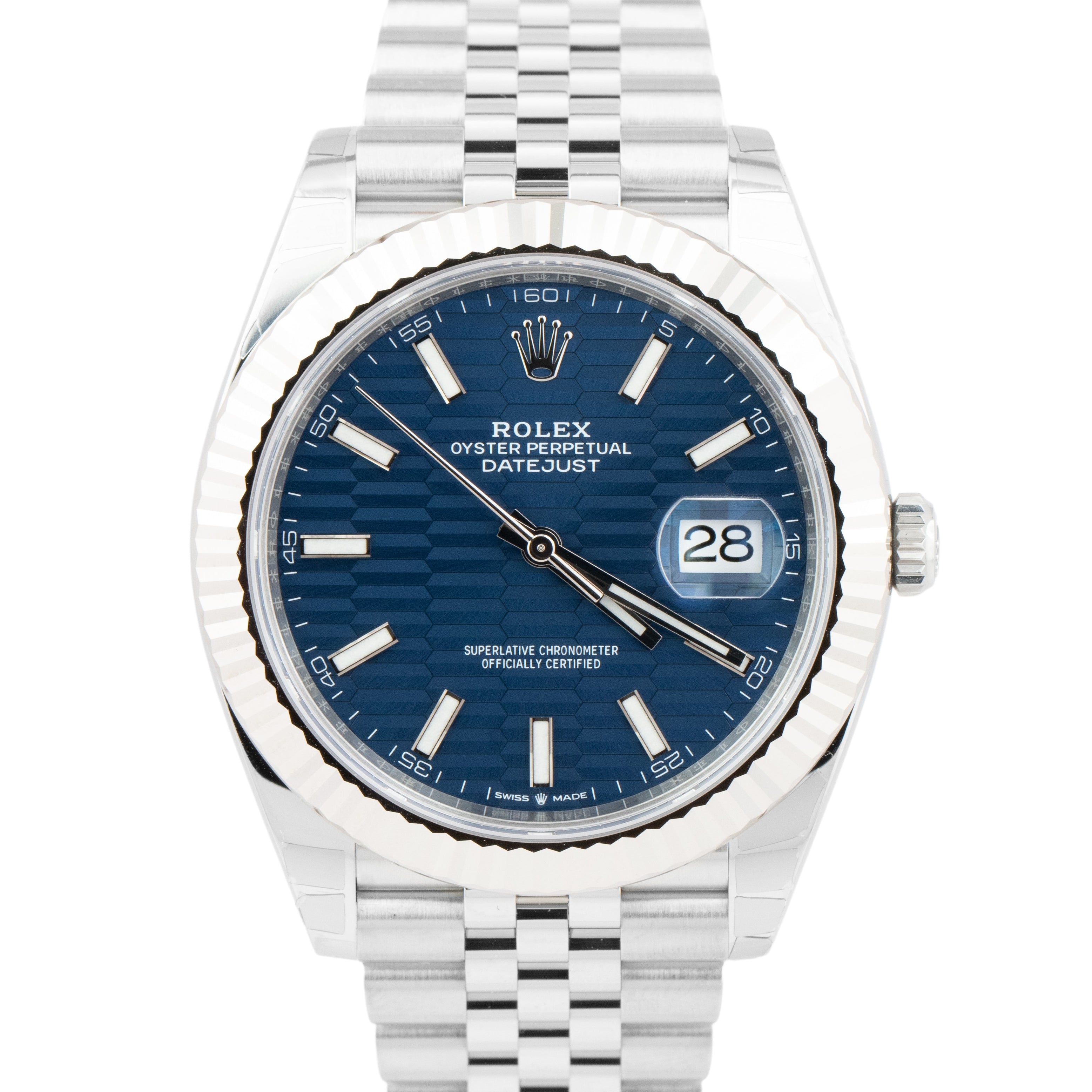 NEW NOV 2022 Rolex DateJust 41 Blue Motif Fluted Steel Jubilee Watch 126334