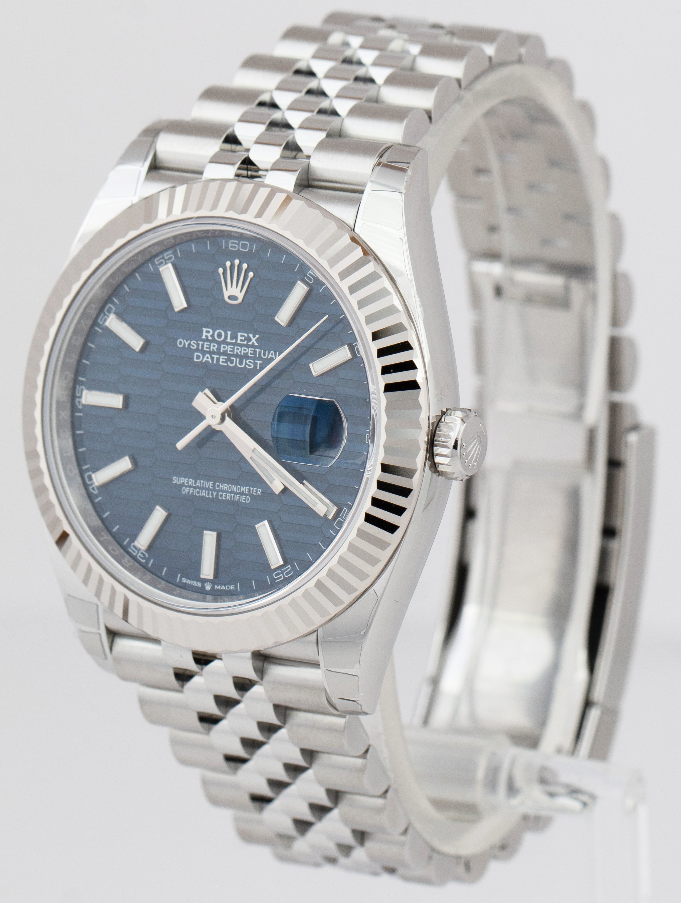 NEW NOV 2022 Rolex DateJust 41 Blue Motif Fluted Steel Jubilee Watch 126334