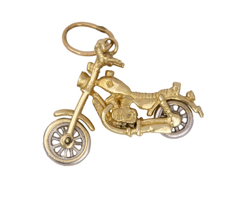 14K Two-Tone Yellow/White Gold 3D Moveable Motorcycle Bike Charm Pendant 3.7gr